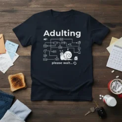 Adulting Please Wait snail graphic t-shirt with flowchart depicting chores and work, dark navy blue shirt