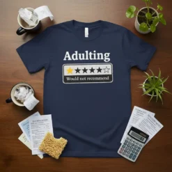 Navy t-shirt with "Adulting Would Not Recommend" text and a one-star rating graphic