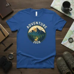 ADVENTURE 2026 t-shirt with a circular mountain landscape graphic and a winding path