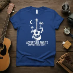 Adventure Awaits Camping & Guitar Nights t-shirt featuring a silhouette of a guitar with a camping scene inside, palm trees