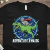 Adventure Awaits text graphic with a cat riding a dinosaur against a starry space background