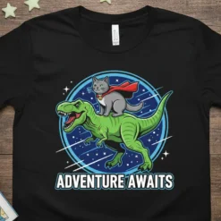 Adventure Awaits text graphic with a cat riding a dinosaur against a starry space background