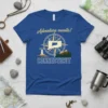 Blue t-shirt with "Adventure awaits! CONNECTICUT" text, compass graphic, Connecticut state outline, lighthouse, and mountains