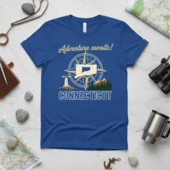 Blue t-shirt with "Adventure awaits! CONNECTICUT" text, compass graphic, Connecticut state outline, lighthouse, and mountains