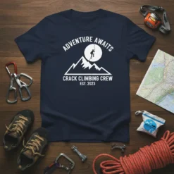 Navy blue t-shirt with white text "ADVENTURE AWAITS CRACK CLIMBING CREW EST. 2023" and a graphic of a climber on