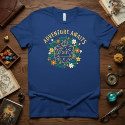Blue t-shirt with "Adventure Awaits" text above a golden D20 die surrounded by green vines and colorful flowers