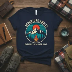 Adventure Awaits Explore Discover Live t-shirt with mountain sunset and campfire graphic