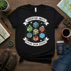 Black t-shirt with "Adventure Awaits Explore Dream Discover" text and isometric adventure-themed graphics like mountains, books, laptop, and sailboat