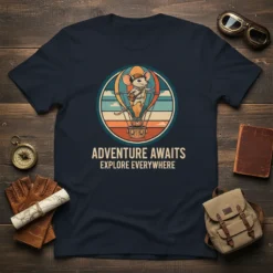 Adventure Awaits Explore Everywhere quote with a mouse in a hot air balloon graphic, vintage sunset style