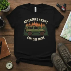 Adventure Awaits Explore More text with a green offroad SUV and forest graphic on a black t-shirt