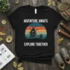 Adventure Awaits Explore Together t-shirt with retro sunset graphic and beetles, featuring bold white text