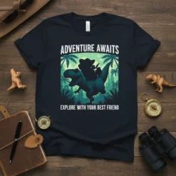 T-shirt with "Adventure Awaits Explore With Your Best Friend" text, showing a T-Rex carrying a person in a cowboy hat