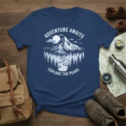 Adventure Awaits Explore the Peaks t-shirt with mountain, forest, and river graphic design