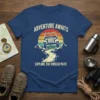 T-shirt with "ADVENTURE AWAITS EXPLORE THE UNSEEN PATH" text and a vintage Jeep driving on a mountain path under a