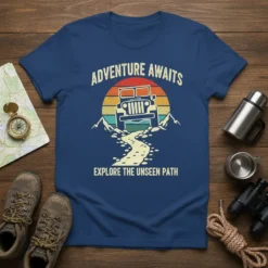T-shirt with "ADVENTURE AWAITS EXPLORE THE UNSEEN PATH" text and a vintage Jeep driving on a mountain path under a