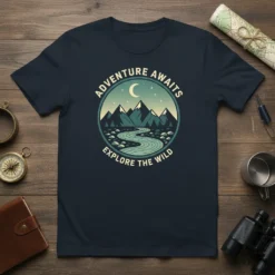 Adventure Awaits Explore The Wild t-shirt with mountain river graphic and crescent moon, vintage outdoor theme