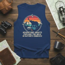 Adventure Awaits Explore the Wild In Nature's Embrace text with bear, camper, and mountains graphic