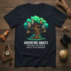 Adventure Awaits Explore The World Build Your Dreams quote on a navy t-shirt featuring a magical treehouse with rockets