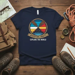 Navy t-shirt with "Adventure Awaits Explore The World" text and a circular graphic of crossed oars, mountains, and waves