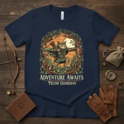 Adventure Awaits Feline Guardian t-shirt design featuring a cat archer in a forest clearing, ready for adventure