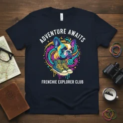 Adventure Awaits Frenchie Explorer Club t-shirt with colorful French Bulldog graphic and sneakers