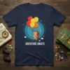 T-shirt design with white text "ADVENTURE AWAITS" above a cartoon hedgehog holding balloons, set within a starry circle