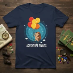T-shirt design with white text "ADVENTURE AWAITS" above a cartoon hedgehog holding balloons, set within a starry circle