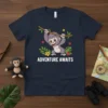 Adventure Awaits text with a cartoon monkey swinging on a vine, surrounded by jungle leaves and flowers, on a navy