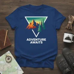 Adventure Awaits text on a navy t-shirt with a graphic of mountains and pine trees inside a triangle