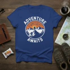 Adventure Awaits quote with a silhouette of a hiker on a mountain peak, surrounded by birds and sunset