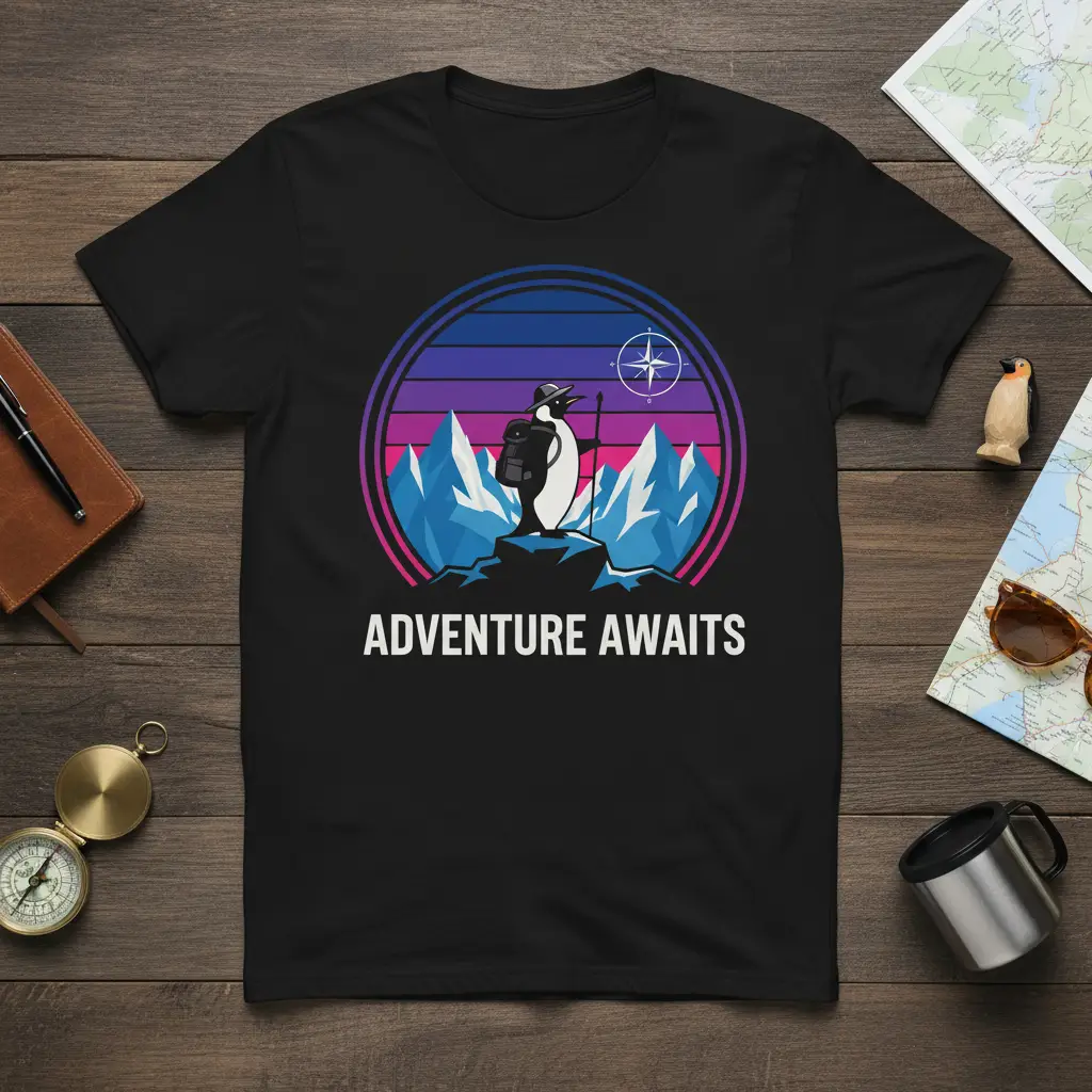 Adventure Awaits Penguin Hiking T-Shirt Outdoor Explorer Gift