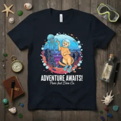 Adventure Awaits Purrfect Dive Co. t-shirt with a cat in scuba gear exploring underwater ruins and a jellyfish
