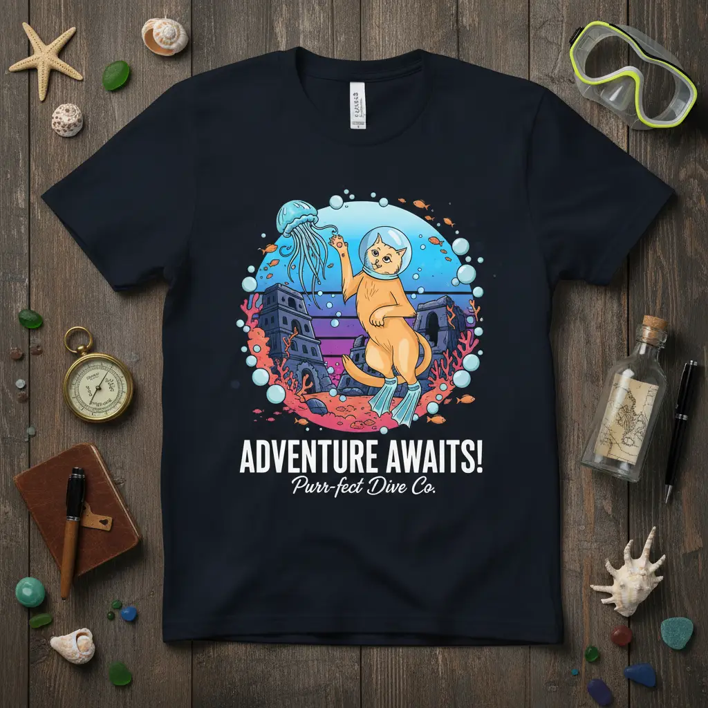 Adventure Awaits Purrfect Dive Co. Cat Diver T-Shirt