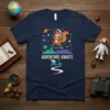 Adventure Awaits t-shirt design with an astronaut squirrel riding a scooter in space, featuring planets and stars