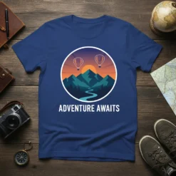 Adventure Awaits T-Shirt featuring a circular graphic of mountains, hot air balloons, and a river at sunset