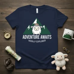 Adventure Awaits Woolly Explorer T-Shirt with a sheep graphic in front of mountains