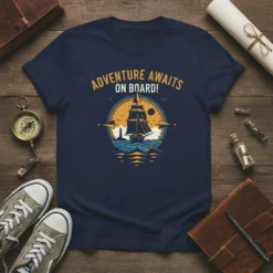 T-shirt with "Adventure Awaits On Board!" text and a graphic of a sailing ship near a lighthouse