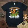 Adventure Buddies Forever Friends t-shirt design with a cat riding a green dragon through clouds