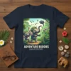 Adventure Buddies Jungle Explores text on a t-shirt with cartoon elephants taking a selfie in a lush jungle setting