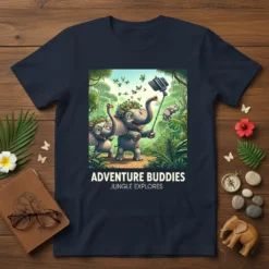 Adventure Buddies Jungle Explores text on a t-shirt with cartoon elephants taking a selfie in a lush jungle setting