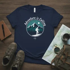 Adventure is Calling T-Shirt with mountain, hiker, moon, and compass graphic