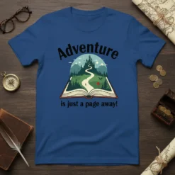 Adventure is just a page away quote on a blue t-shirt with an open book graphic and a fantasy landscape