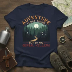 T-shirt design featuring "ADVENTURE IS OUT THERE BUT SO ARE SERIAL KILLERS" text with a dark forest and silhouetted figures