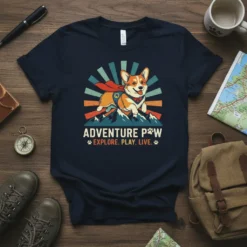Adventure Paw Explore Play Live text with a corgi wearing a superhero cape on a mountain background T-Shirt