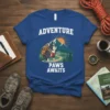 French Bulldog wearing a backpack on a mountain trail with "ADVENTURE PAWS AWAITS" text