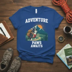 French Bulldog wearing a backpack on a mountain trail with "ADVENTURE PAWS AWAITS" text