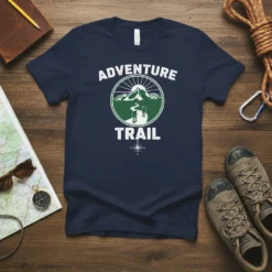 Navy blue t-shirt with white 'Adventure Trail' text and a circular graphic of mountains and hikers on a path