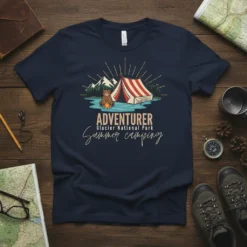 Adventurer Glacier National Park Summer camping t-shirt design with a bear by a tent and mountains