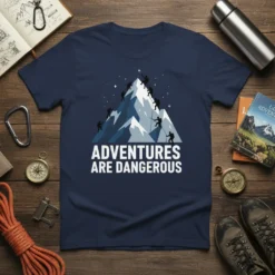 Adventures Are Dangerous text with mountain climbers scaling a peak, on a navy blue t-shirt