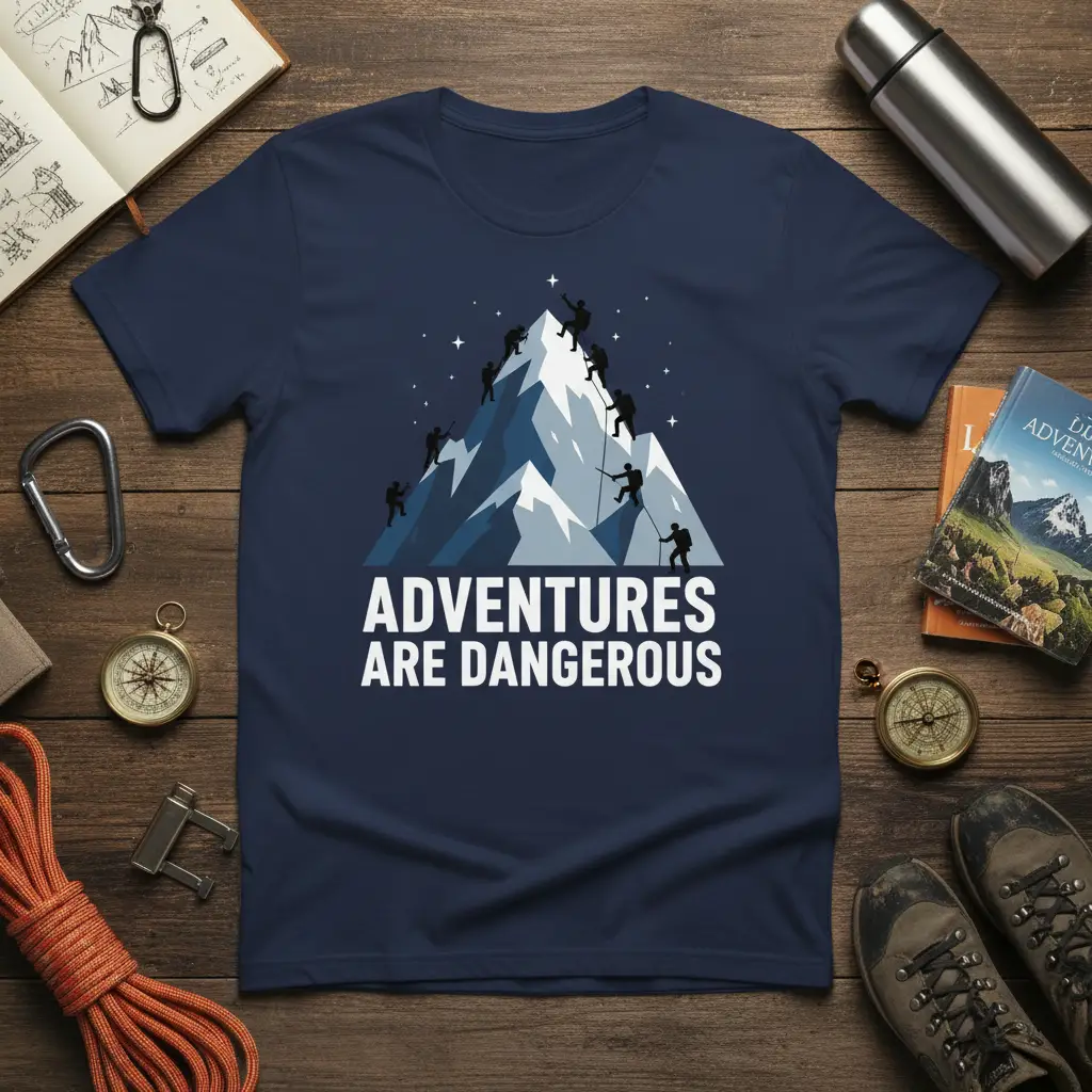 Adventures Are Dangerous Mountain Climbing T-Shirt for Explorers